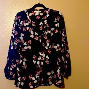 Pretty black blouse with maroon, pink, and white flowers